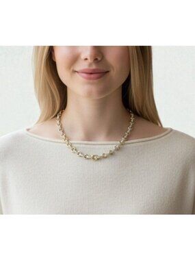 Gold & Silver Chain-Link Necklace Studded Rhinestones Elegant Classic 16"L